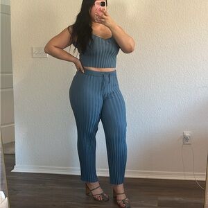 Blue Women's Ribbed Pants & Top Set